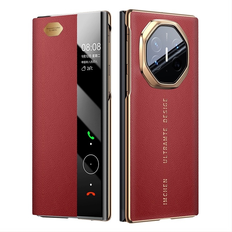 Husă din piele pentru Huawei MateXT cu fereastră inteligentă, acoperire totală pentru ecranul pliabil, protecție la cădere, piele autentică, suport pentru personalizare
