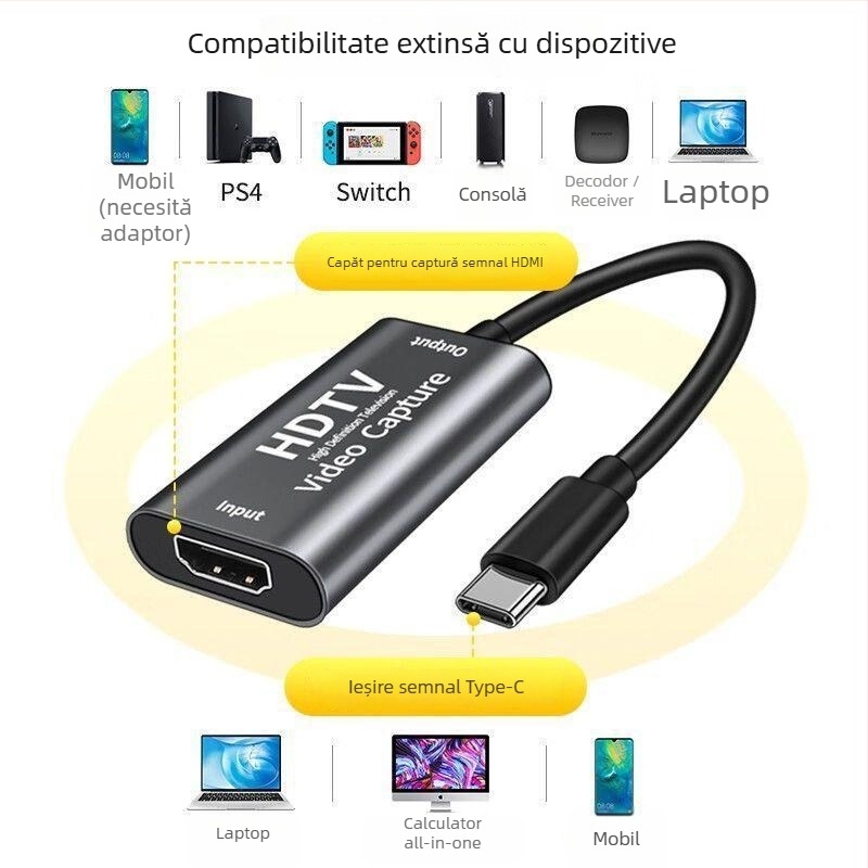 Card de captură video HDMI către Type-C, USB 3.0, 4K, pentru PC, telefon mobil și tabletă