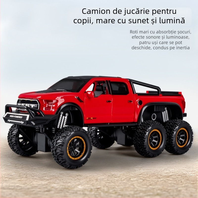 Mașinuță off-road pentru copii, scară 1:12, din plastic, cu șase roți, acționare inertială, sunet și lumini