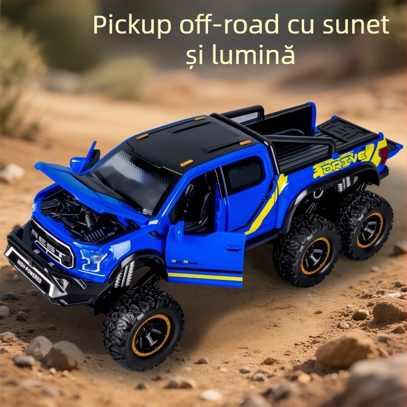 Mașinuță off-road pentru copii, scară 1:12, din plastic, cu șase roți, acționare inertială, sunet și lumini