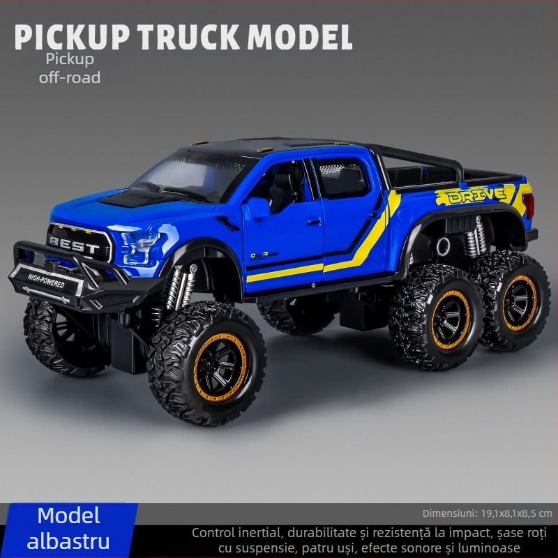 Mașinuță off-road pentru copii, scară 1:12, din plastic, cu șase roți, acționare inertială, sunet și lumini