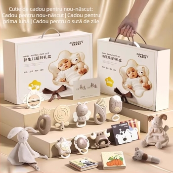Set de dantură și zornăitoare pentru sugari 0-3 ani – silicon + ABS, jucărie interactivă în cutie cadou pentru dezvoltarea simțurilor și coordonării mână-ochi