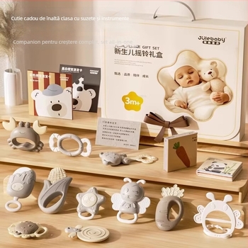 Set de dantură și zornăitoare pentru sugari 0-3 ani – silicon + ABS, jucărie interactivă în cutie cadou pentru dezvoltarea simțurilor și coordonării mână-ochi