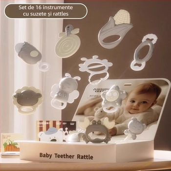 Set de dantură și zornăitoare pentru sugari 0-3 ani – silicon + ABS, jucărie interactivă în cutie cadou pentru dezvoltarea simțurilor și coordonării mână-ochi