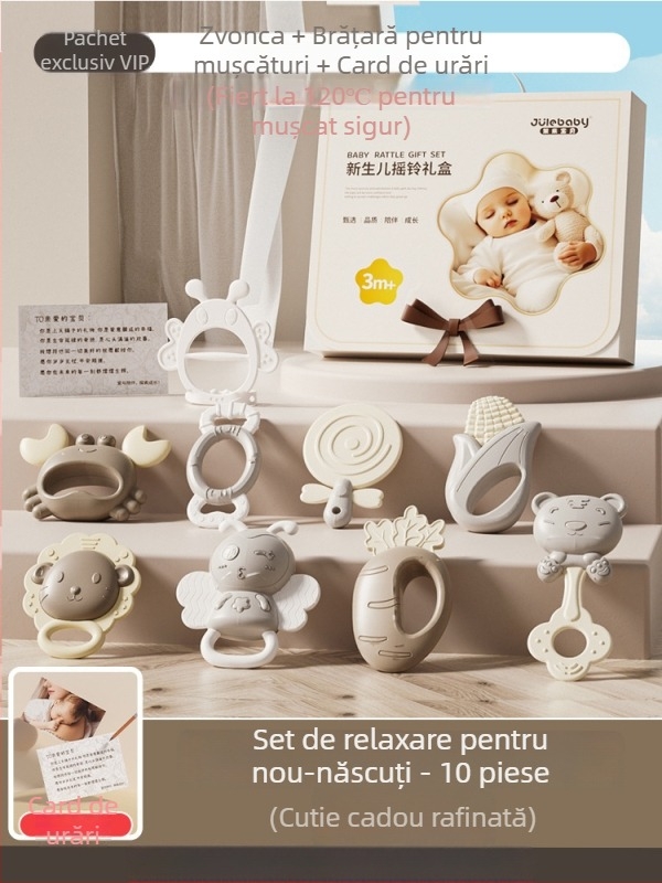 Set de dantură și zornăitoare pentru sugari 0-3 ani – silicon + ABS, jucărie interactivă în cutie cadou pentru dezvoltarea simțurilor și coordonării mână-ochi