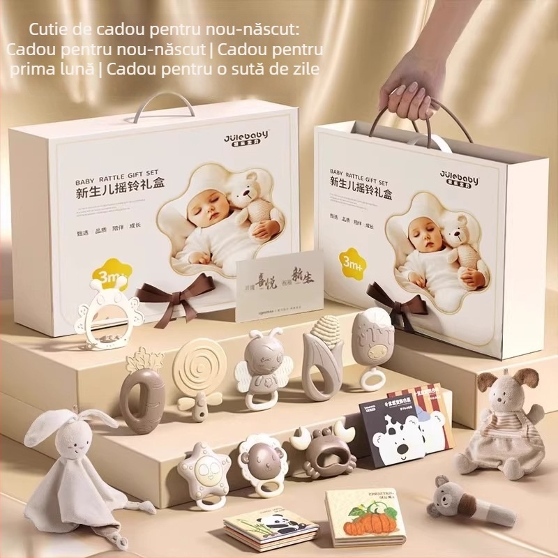 Set de dantură și zornăitoare pentru sugari 0-3 ani – silicon + ABS, jucărie interactivă în cutie cadou pentru dezvoltarea simțurilor și coordonării mână-ochi