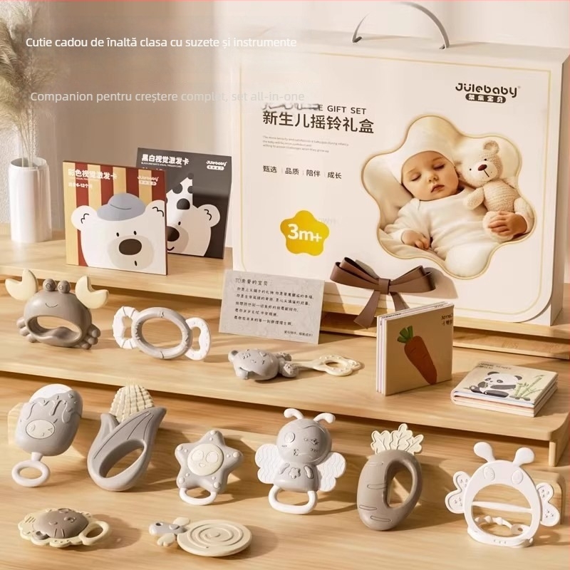 Set de dantură și zornăitoare pentru sugari 0-3 ani – silicon + ABS, jucărie interactivă în cutie cadou pentru dezvoltarea simțurilor și coordonării mână-ochi