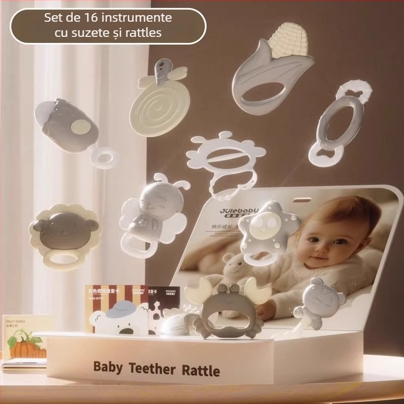 Set de dantură și zornăitoare pentru sugari 0-3 ani – silicon + ABS, jucărie interactivă în cutie cadou pentru dezvoltarea simțurilor și coordonării mână-ochi