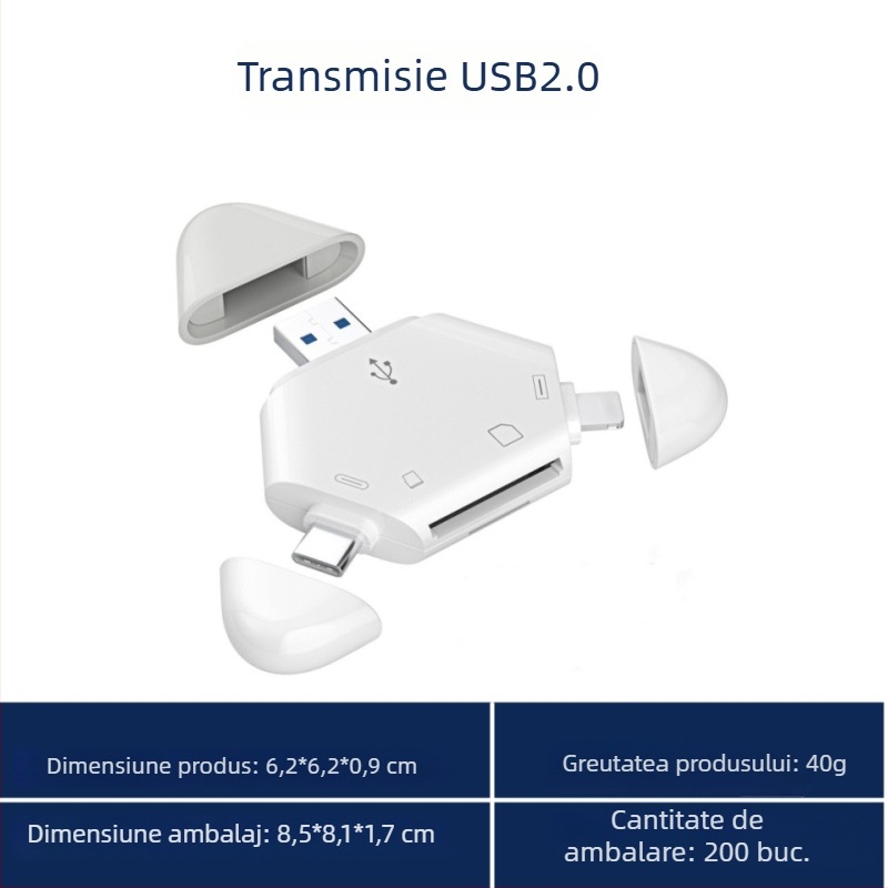 Cititor magnetic de carduri trei în unu pentru Apple Type-C, calculatoare USB și tablete Android, carduri SD/TF (OTG) – Model C23, USB 2.0, montaj extern