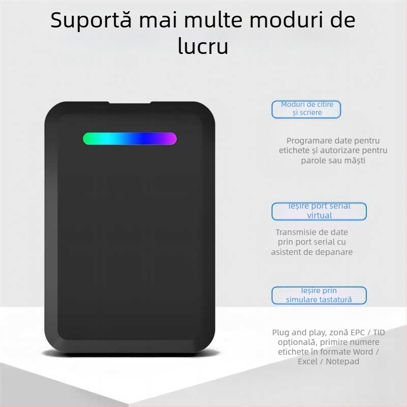 CF601 Cititor/Emitator RFID de birou — fără contact, ISO18000-6C (EPC GEN2), 860–960 MHz, distanță de citire 0–50 cm, timp de citire 0,01 s, cu SDK și software demonstrativ