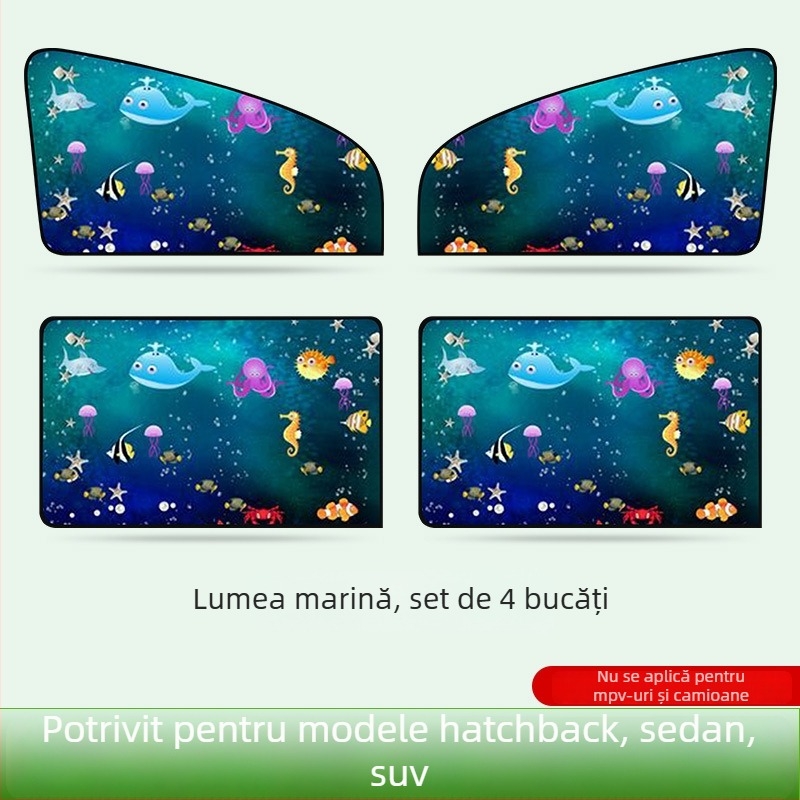 Perdea de protecție solară pentru interiorul mașinii, pentru geamuri laterale, cu prindere magnetică, protecție solară și izolație termică, design cu desene animate pentru copii