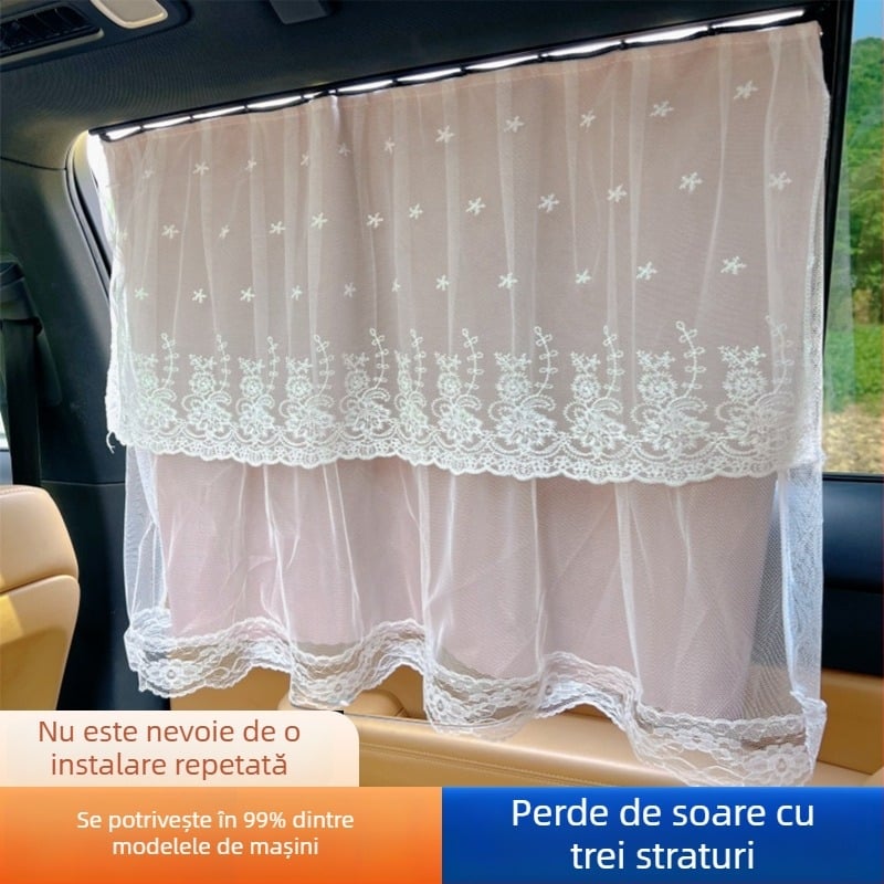 Mutong Draperie pentru geamul mașinii cu dantelă, poliester, opac, prindere tip caliper