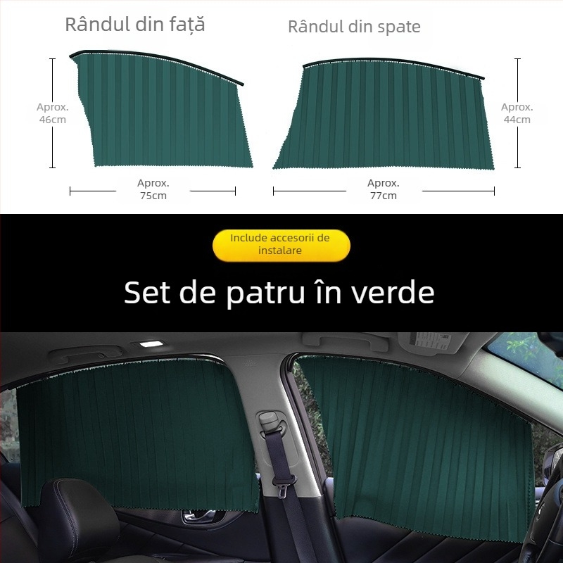 Cortină auto de tip glisant cu protecție magnetică laterală, material nețesut, montaj cu lamele, protecție UV
