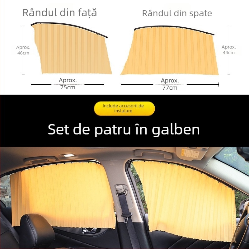 Cortină auto de tip glisant cu protecție magnetică laterală, material nețesut, montaj cu lamele, protecție UV