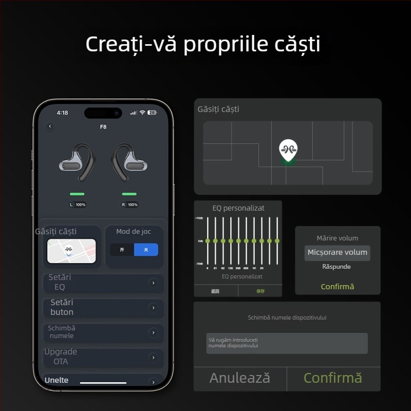 Căști cu conducție osoasă, design deschis pentru urechi, Bluetooth 5.4, rază 10 m, IPX7 rezistent la apă, autonomie peste 8 ore