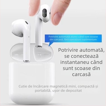 Căşti Bluetooth true wireless IPX5, rezistente la apă, rază de transmisie 10 m, design semi-in-ear, sunet stereo pe ambele părți, autonomie baterie 0–4 h