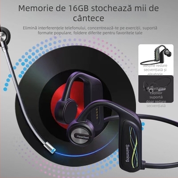 K9 Cască cu conducție osoasă, montată pe cap, IP68 impermeabil, 16GB memorie, Bluetooth