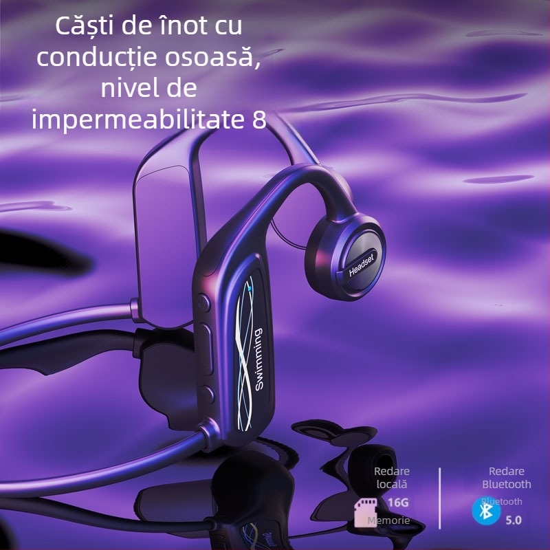 K9 Cască cu conducție osoasă, montată pe cap, IP68 impermeabil, 16GB memorie, Bluetooth