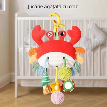 Jucărie de bebeluș în formă de crab, din material textil, cu șnur de tras, muzicală, zornăitoare, gumă de mestecat și clopoței de vânt, pentru copii 0–3 ani