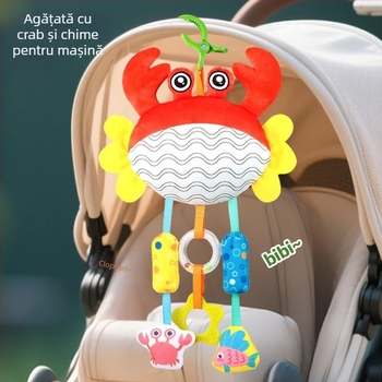 Jucărie de bebeluș în formă de crab, din material textil, cu șnur de tras, muzicală, zornăitoare, gumă de mestecat și clopoței de vânt, pentru copii 0–3 ani
