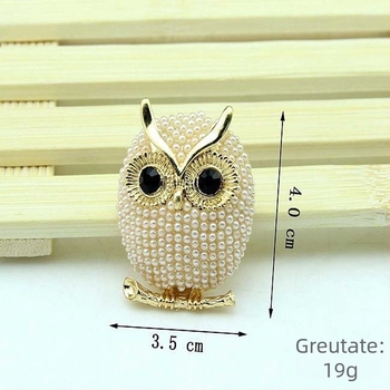 Broșă Bufniță cu perlă – aliaj, placare electrolitică, unisex, cadou, stil retro literar-artistic