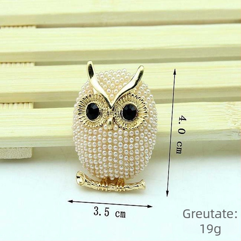 Broșă Bufniță cu perlă – aliaj, placare electrolitică, unisex, cadou, stil retro literar-artistic