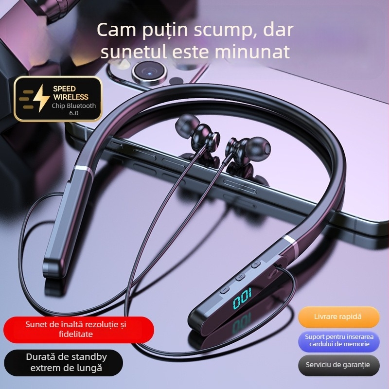 Căști Bluetooth fără fir cu bandă la gât - design cu bandă pentru gât (Bluetooth 5.4; IPX7; autonomie >8h; rază 15m)