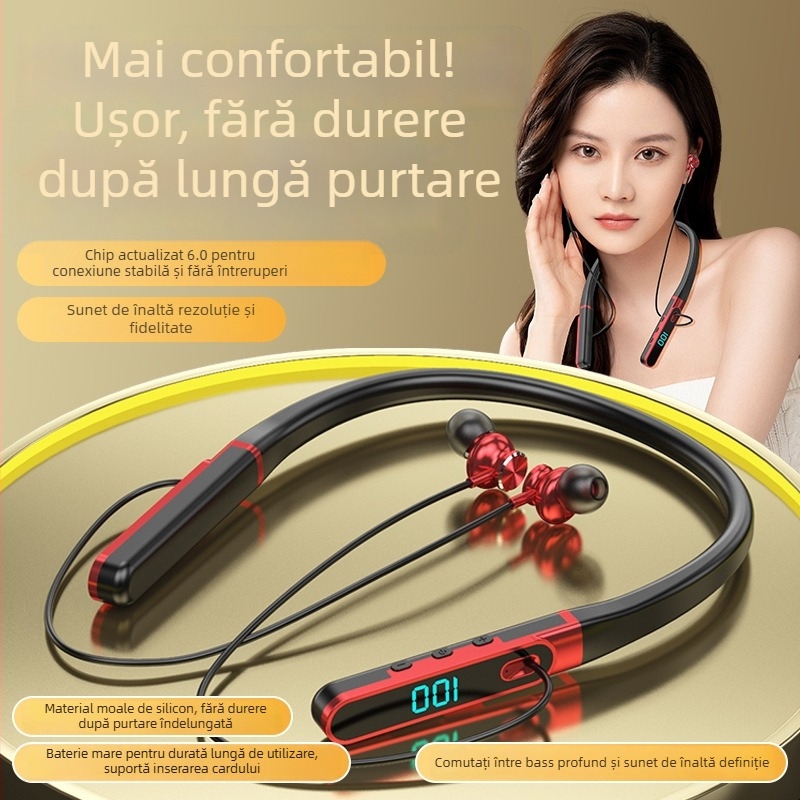 Căști Bluetooth fără fir cu bandă la gât - design cu bandă pentru gât (Bluetooth 5.4; IPX7; autonomie >8h; rază 15m)