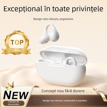 Căști cu clips pentru urechi, conducție osoasă Bluetooth — fără fir, sport, Bluetooth 6.0, autonomie 4–8 ore, rază de 15 m