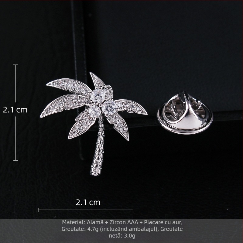 Broșă din cupru – frunze de cocos, zircon micro-incrustat, design elegant, accesoriu unisex cadou