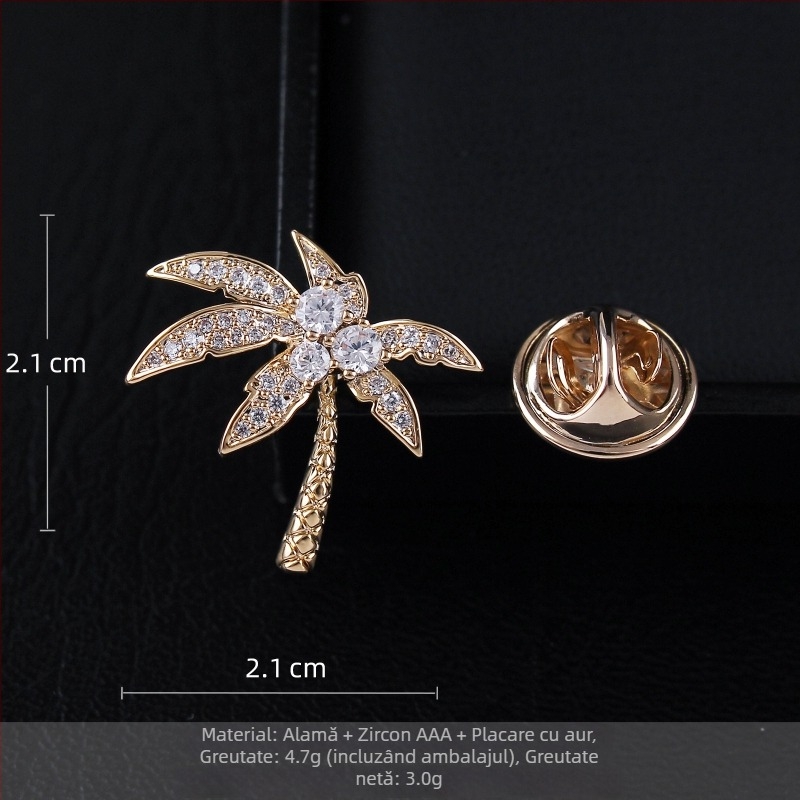 Broșă din cupru – frunze de cocos, zircon micro-incrustat, design elegant, accesoriu unisex cadou
