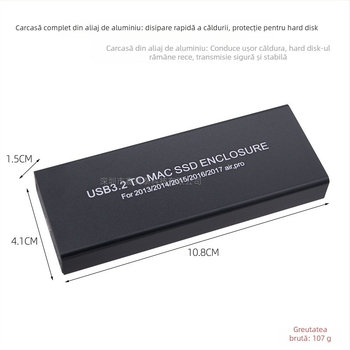 Carcasă SSD pentru MacBook Pro/Air 2013–2016, USB 3.2 Type-C, carcasă din aliaj de aluminiu, suportă până la 4TB, Model MCA7116
