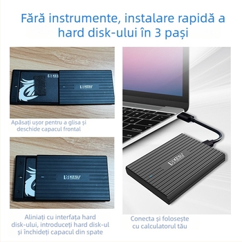 Cutie externă SATA pentru hard disk cu USB-C, carcasă din ABS, indicator LED RGB, model K3-B