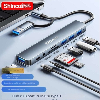Stație de docking Type-C 7 în 1 cu hub USB și ieșire dublă pentru laptop și tabletă (Fără sursă de alimentare externă, interfață Lightning, splitter 1 la 2)