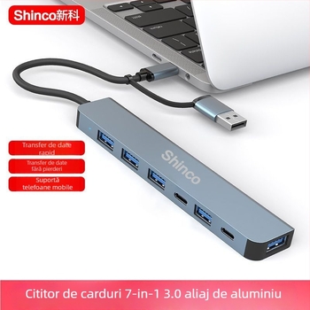 Stație de docking Type-C 7 în 1 cu hub USB și ieșire dublă pentru laptop și tabletă (Fără sursă de alimentare externă, interfață Lightning, splitter 1 la 2)