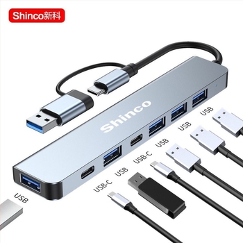 Stație de docking Type-C 7 în 1 cu hub USB și ieșire dublă pentru laptop și tabletă (Fără sursă de alimentare externă, interfață Lightning, splitter 1 la 2)