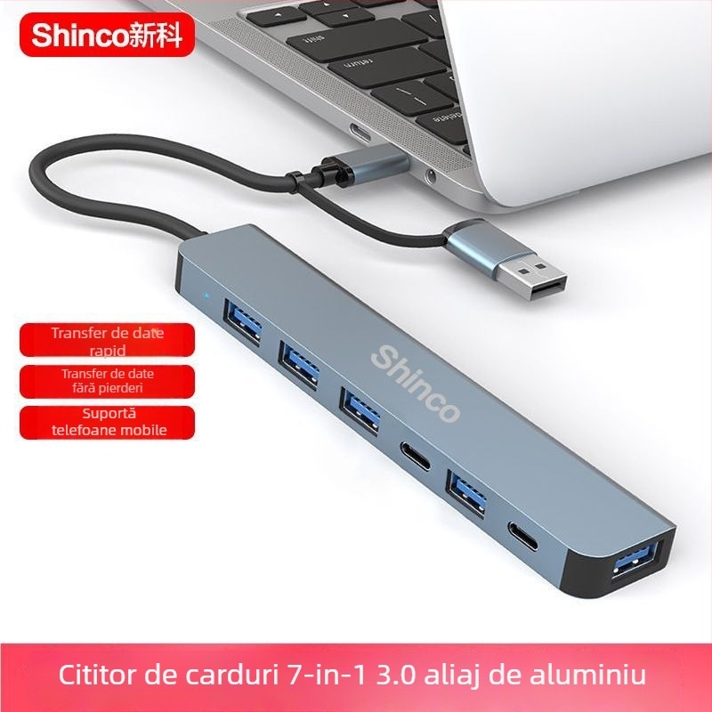 Stație de docking Type-C 7 în 1 cu hub USB și ieșire dublă pentru laptop și tabletă (Fără sursă de alimentare externă, interfață Lightning, splitter 1 la 2)