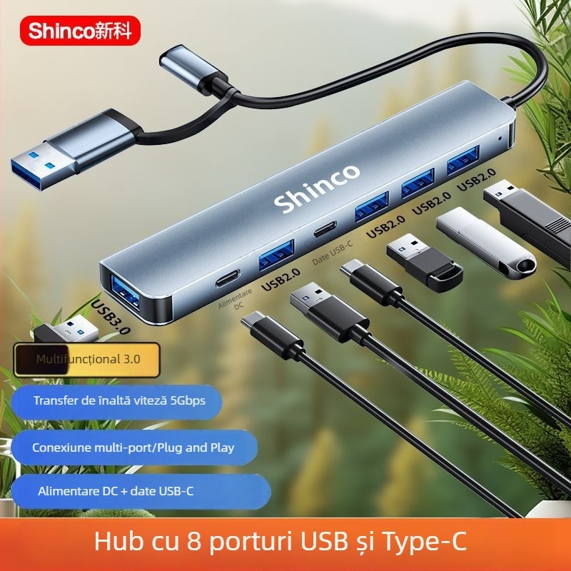 Stație de docking Type-C 7 în 1 cu hub USB și ieșire dublă pentru laptop și tabletă (Fără sursă de alimentare externă, interfață Lightning, splitter 1 la 2)