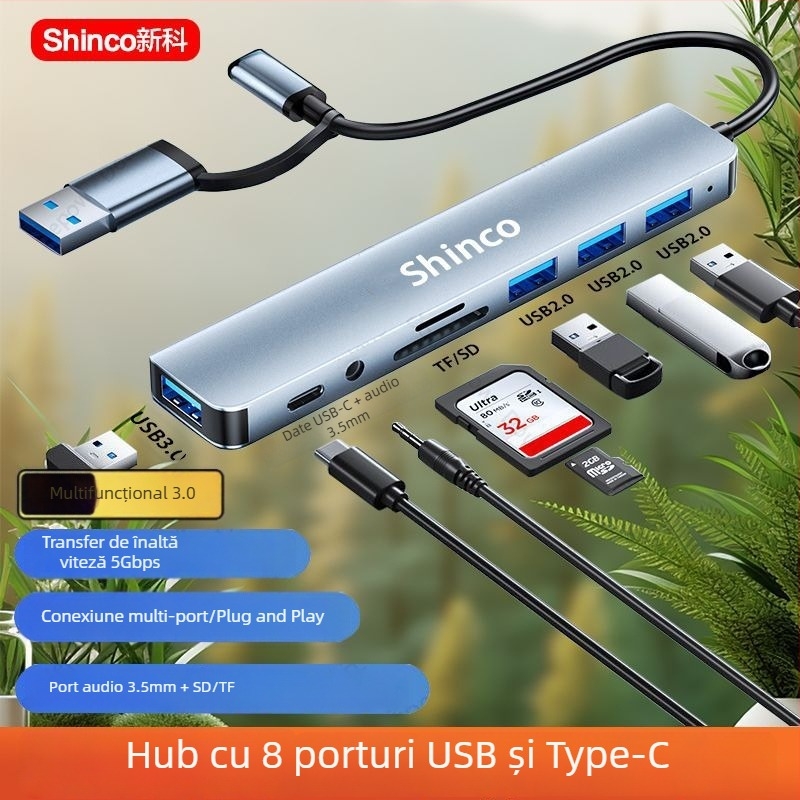 Stație de docking Type-C 7 în 1 cu hub USB și ieșire dublă pentru laptop și tabletă (Fără sursă de alimentare externă, interfață Lightning, splitter 1 la 2)