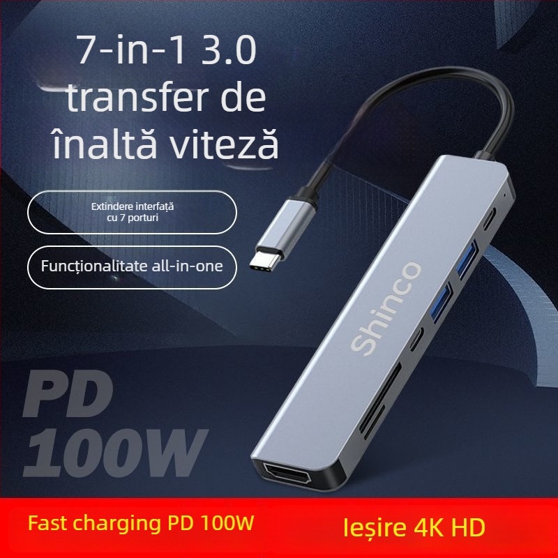 Stație de docking Type-C 7 în 1 cu hub USB și ieșire dublă pentru laptop și tabletă (Fără sursă de alimentare externă, interfață Lightning, splitter 1 la 2)