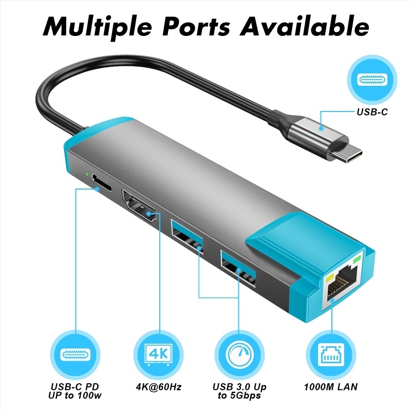 Stație docking cu USB hub și port Ethernet gigabit – interfață USB-C, 10 Gbps, alimentare externă, cablu de 25 cm, 1–3 porturi de ramificație