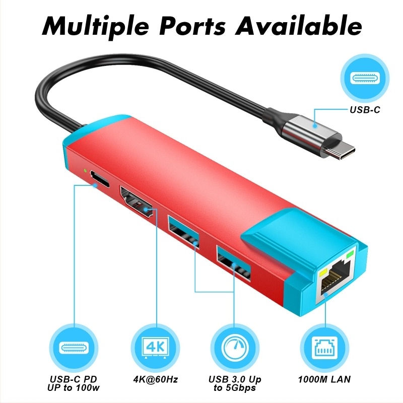 Stație docking cu USB hub și port Ethernet gigabit – interfață USB-C, 10 Gbps, alimentare externă, cablu de 25 cm, 1–3 porturi de ramificație