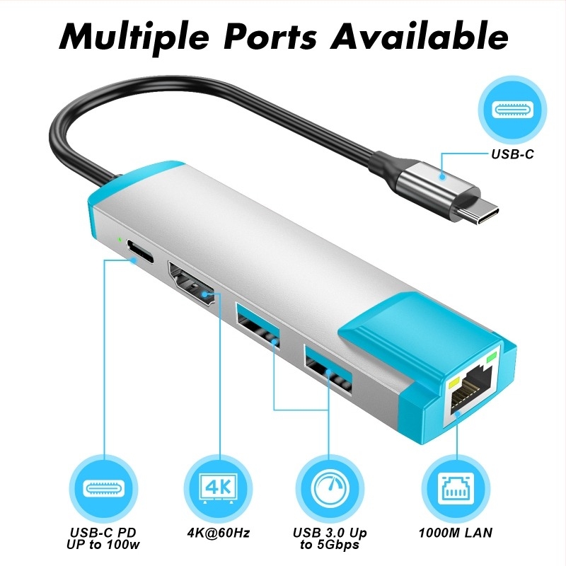 Stație docking cu USB hub și port Ethernet gigabit – interfață USB-C, 10 Gbps, alimentare externă, cablu de 25 cm, 1–3 porturi de ramificație