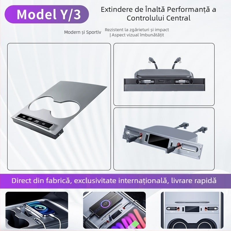 Dock USB pentru consola centrală Tesla Model 3/Y, cu 2 USB și 2 porturi USB-C, interfață USB 2.0, alimentare externă