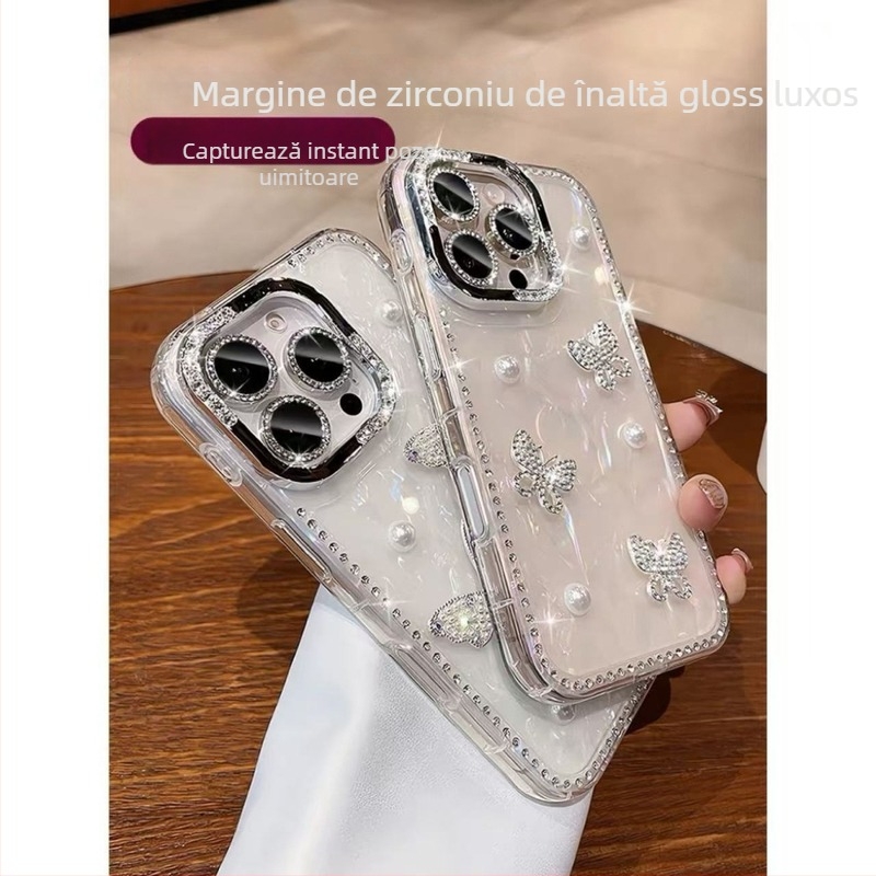 Husă iPhone – silicon mat, anti-șoc, model 3D cu perle și aripioare de fluture în design scoică, personalizabil