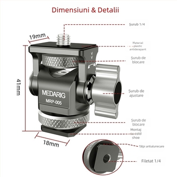 Medarig suport PTZ pan-tilt din aluminiu cu suport universal pentru cold shoe și șurub de 1/4 inch, suportă până la 2–5 kg