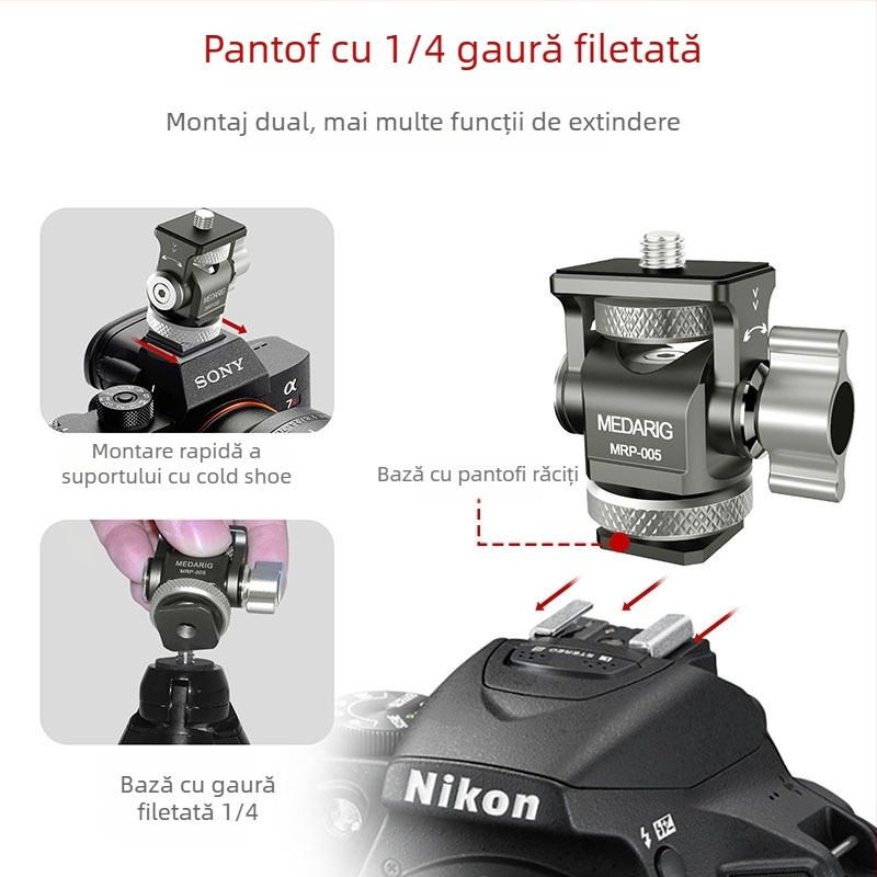 Medarig suport PTZ pan-tilt din aluminiu cu suport universal pentru cold shoe și șurub de 1/4 inch, suportă până la 2–5 kg