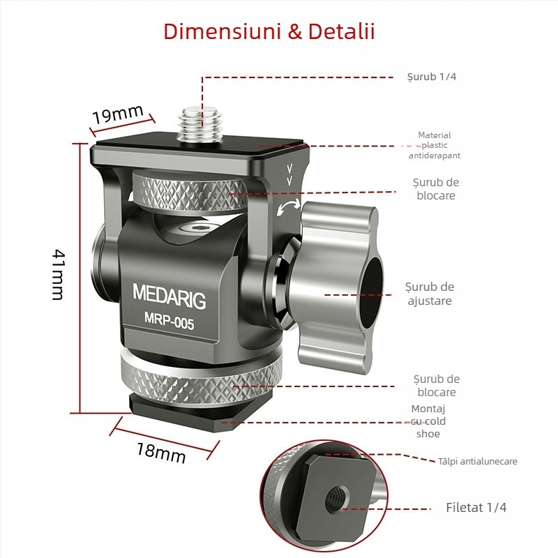 Medarig suport PTZ pan-tilt din aluminiu cu suport universal pentru cold shoe și șurub de 1/4 inch, suportă până la 2–5 kg