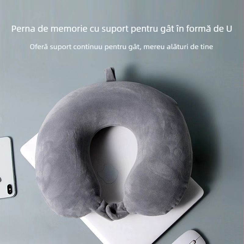 Pernă pentru gât în formă U, umplutură memory foam, material velur Crystal Velvet, stil Japonez, potrivire universală