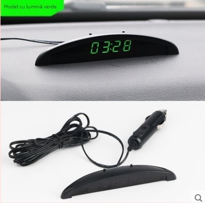 Ceas digital auto montat pe bord cu afișaj iluminat, termometru interior și voltmetru (de nivel auto; iluminare de fundal; termometru interior; voltmetru)